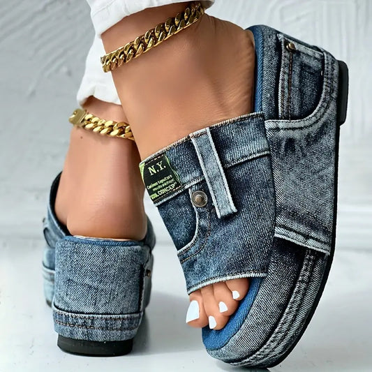 Women's Denim Platform Sandals Trendy Open Toe Slides for Summer