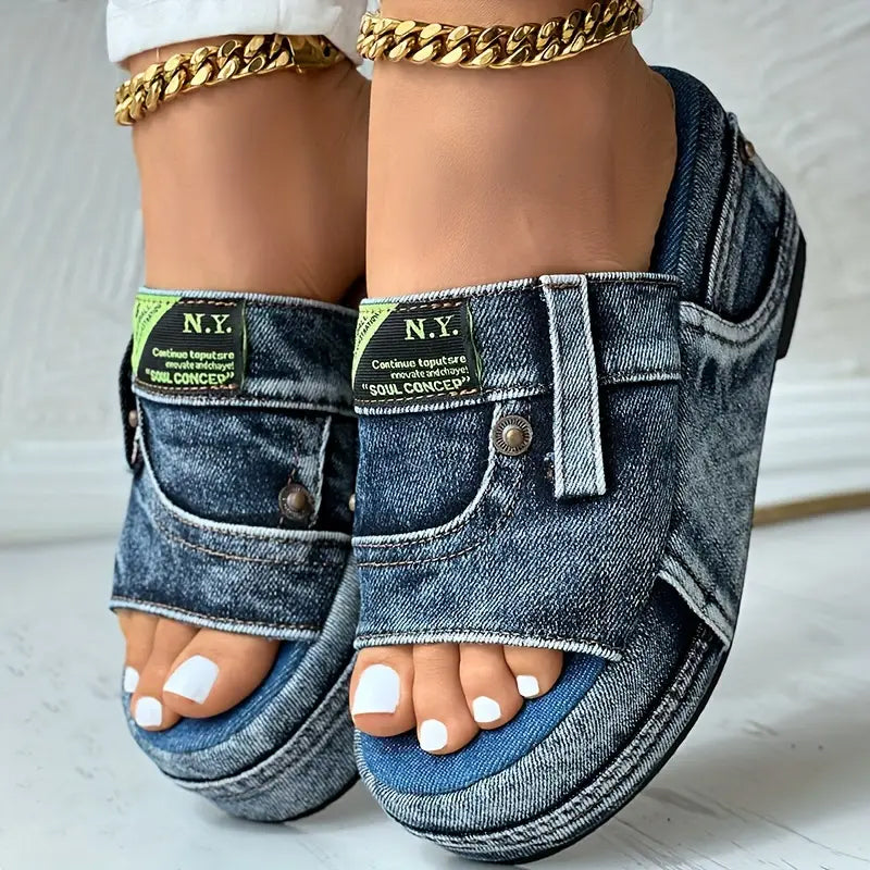 Women's Denim Platform Sandals Trendy Open Toe Slides for Summer