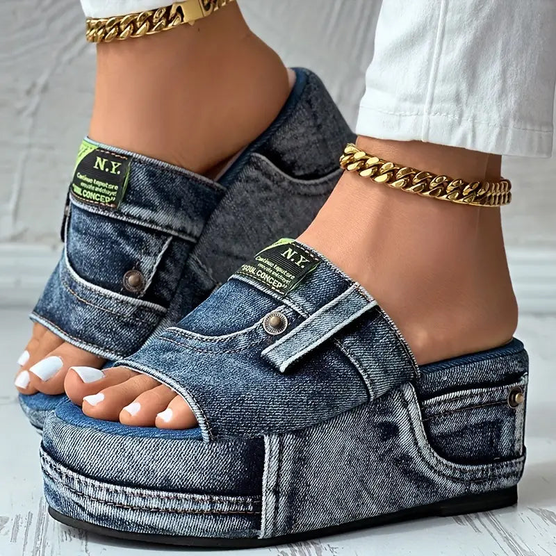 Women's Denim Platform Sandals Trendy Open Toe Slides for Summer