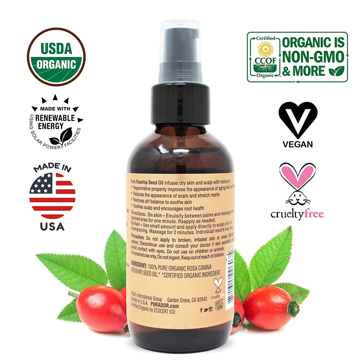 Organic Rosehip Seed Oil All Natural Moisturizer Facial Serum For Anti-Aging and Acne Scar Treatment