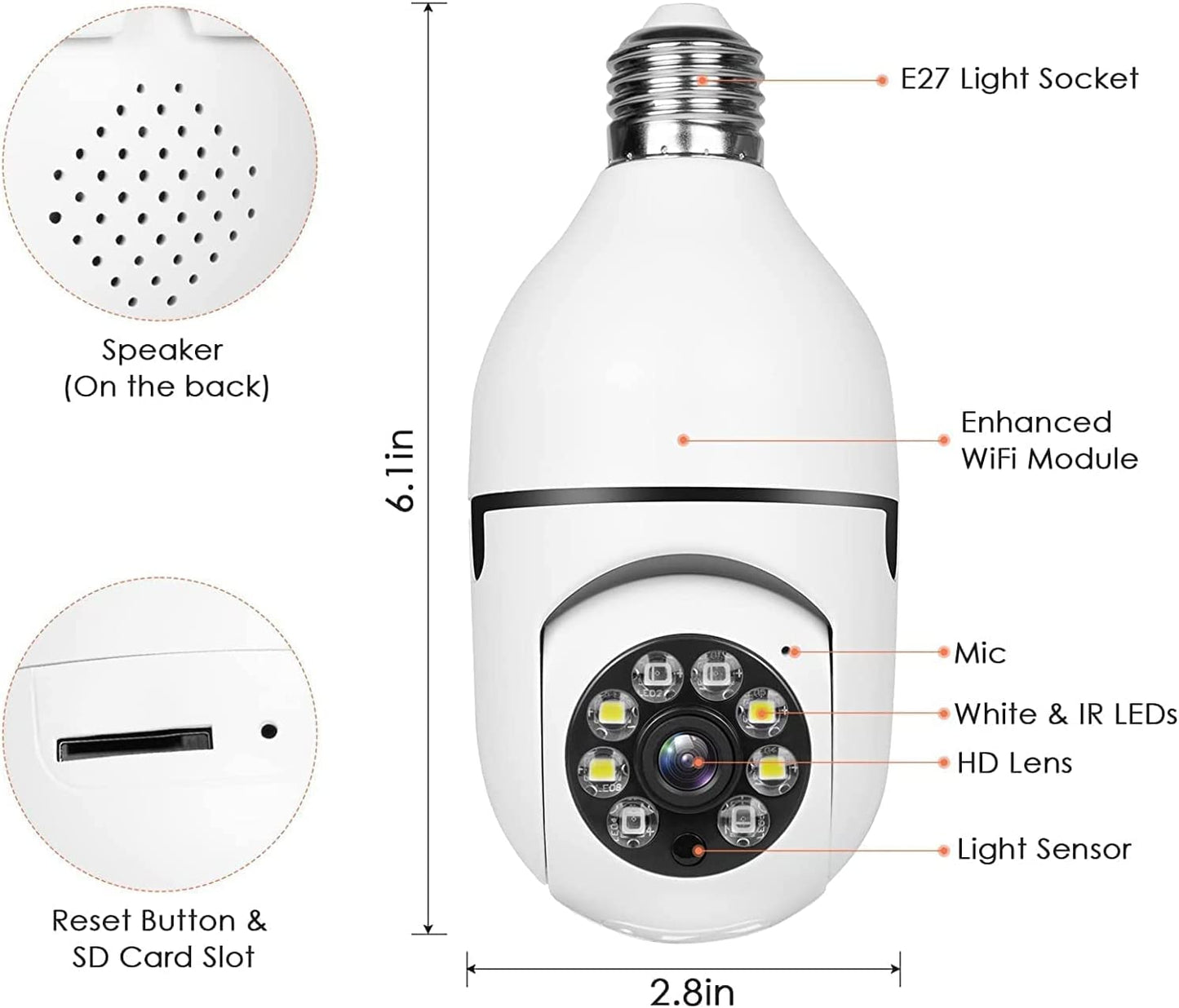 Wireless WiFi 1080p Light Socket Bulb Security Camera Floodlight Night Vision Motion Detection Two-Way Audio