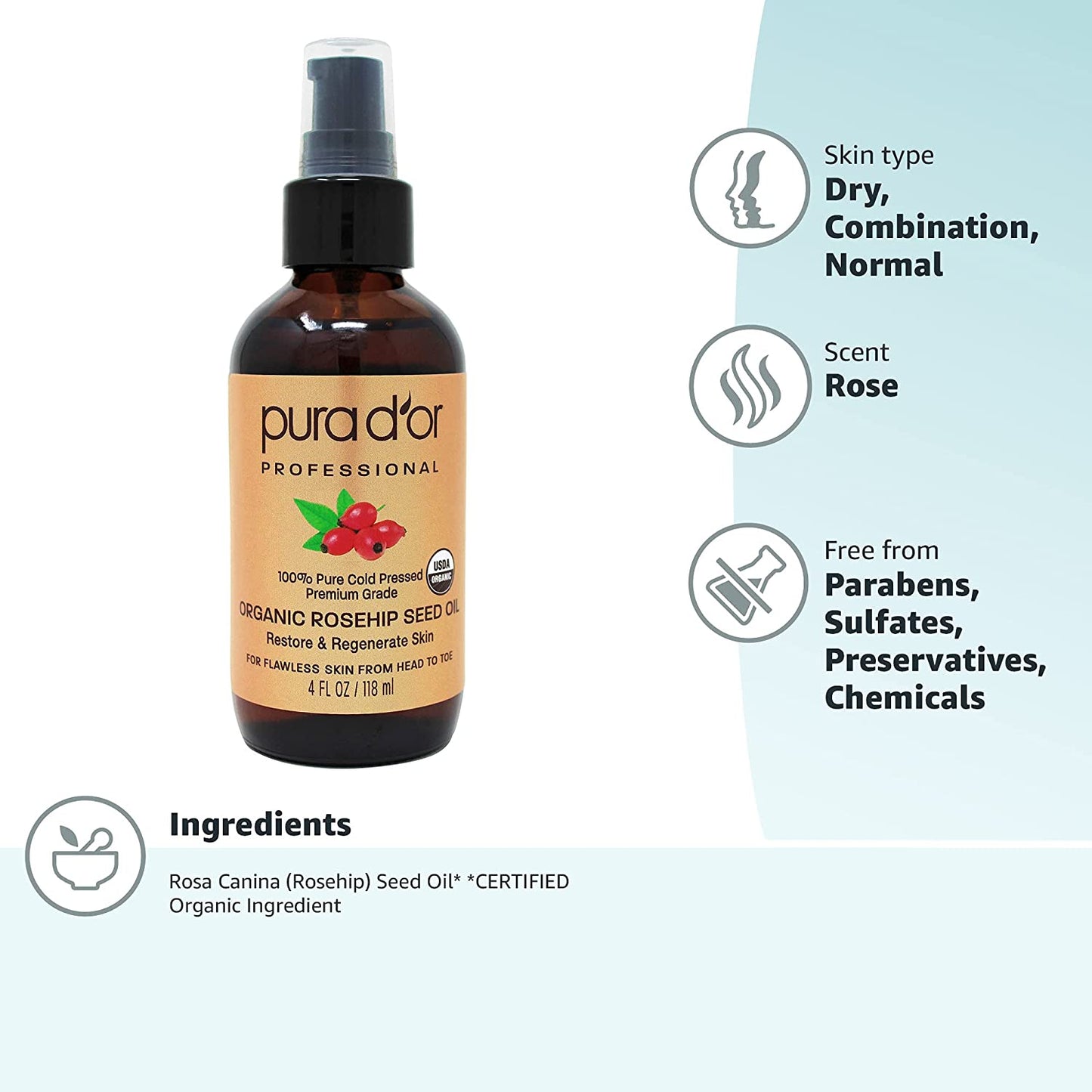 Organic Rosehip Seed Oil All Natural Moisturizer Facial Serum For Anti-Aging and Acne Scar Treatment